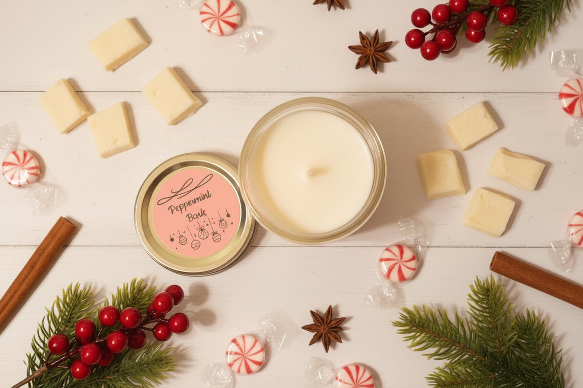 Candle, soap bars, and peppermint candies on a white surface with Christmas decorations.